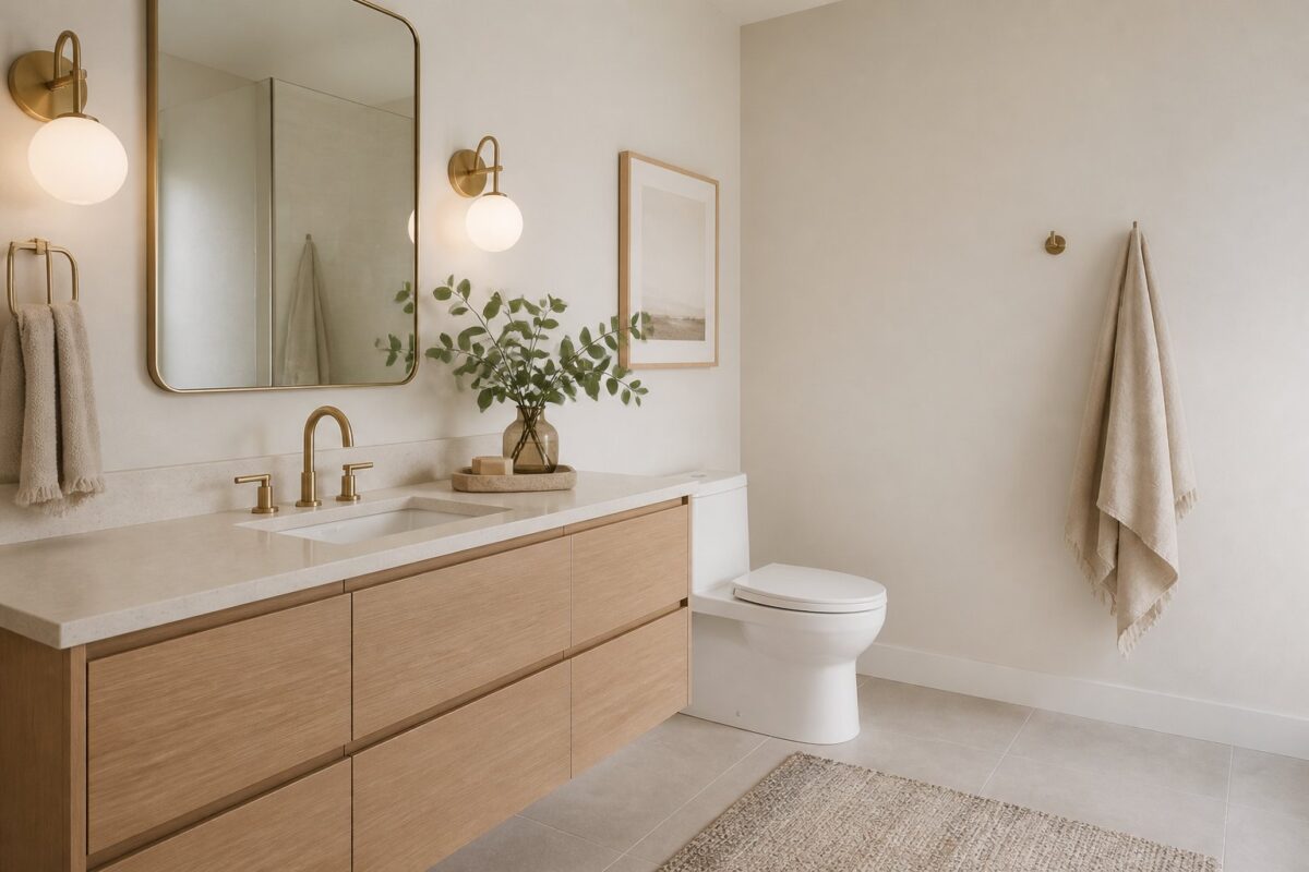 Serene warm-white bathroom with a light oak floating vanity, brass fixtures, linen towels, globe sconces, and eucalyptus.