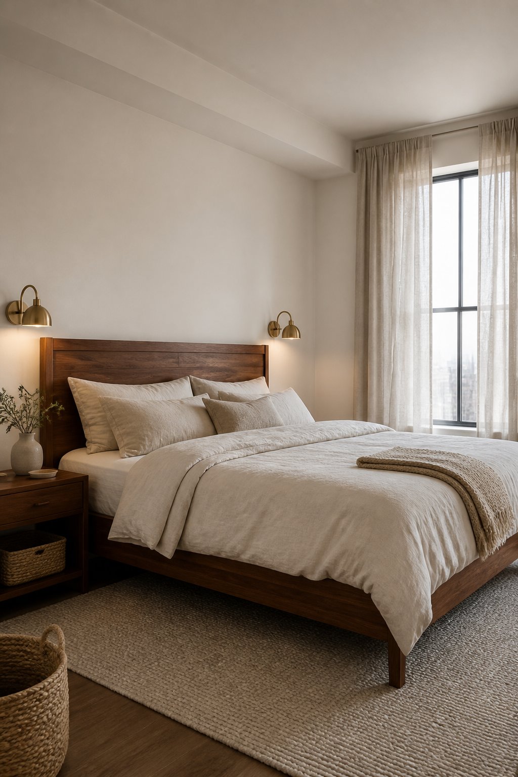 A calm bedroom with a walnut bed, oatmeal bedding, neutral walls, woven baskets, brass sconces, and linen curtains.