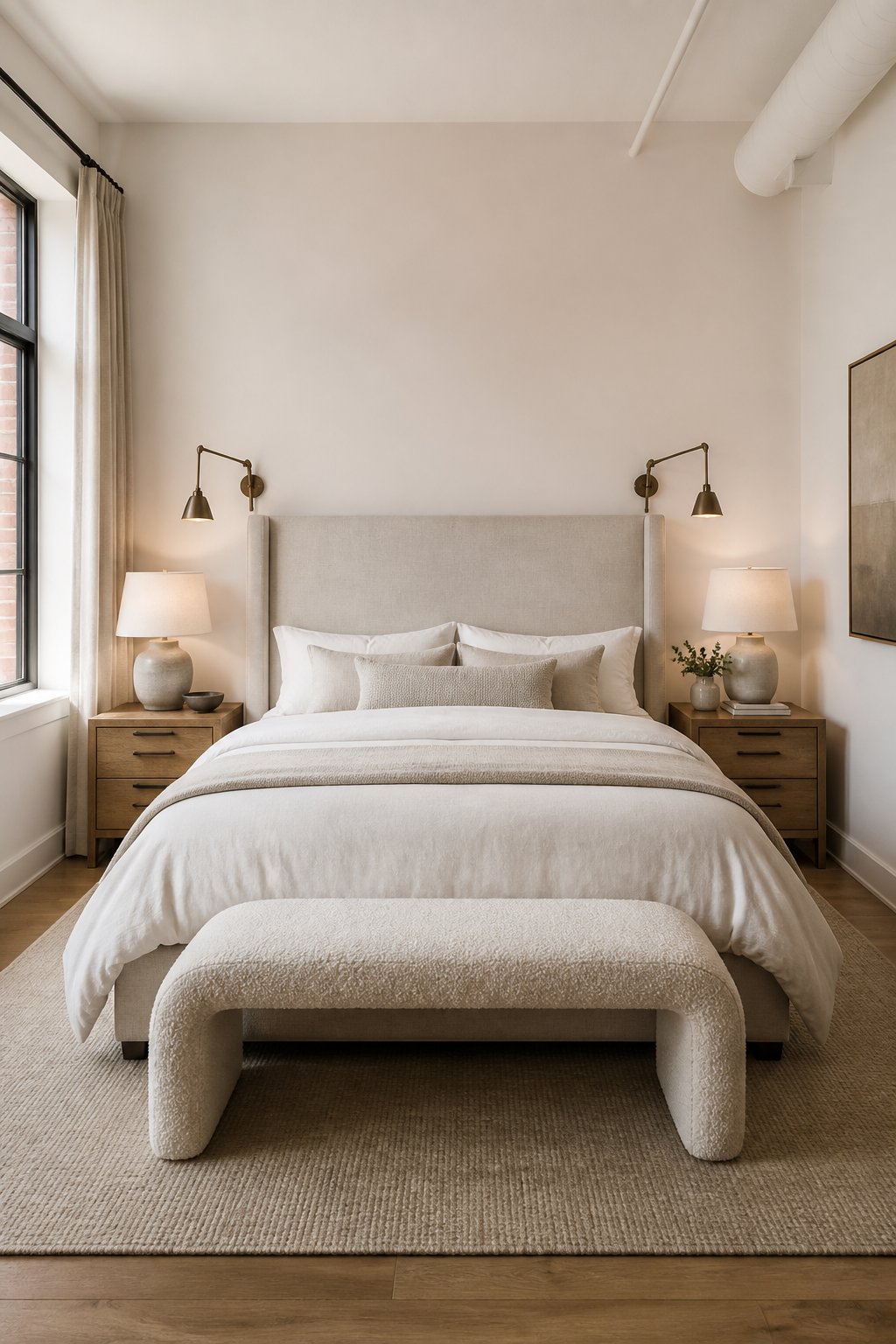 A warmly lit bedroom with a tall upholstered bed, oak nightstands, lamps, curtains, and a bench against a softly colored accent wall.