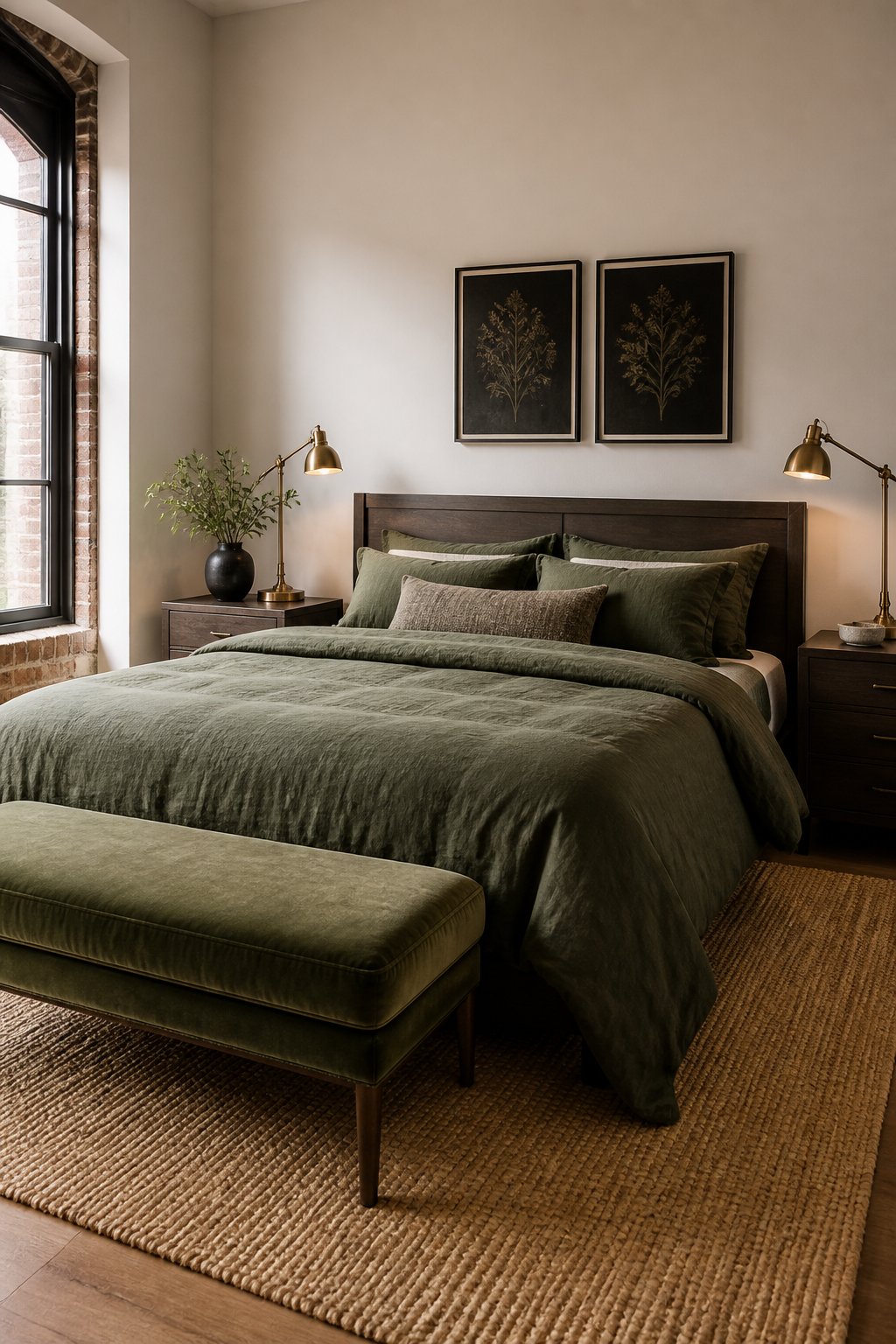 A neatly made bedroom with pale greige walls, deep olive bedding, wooden furniture, brass lamps, a velvet bench, and a woven rug.