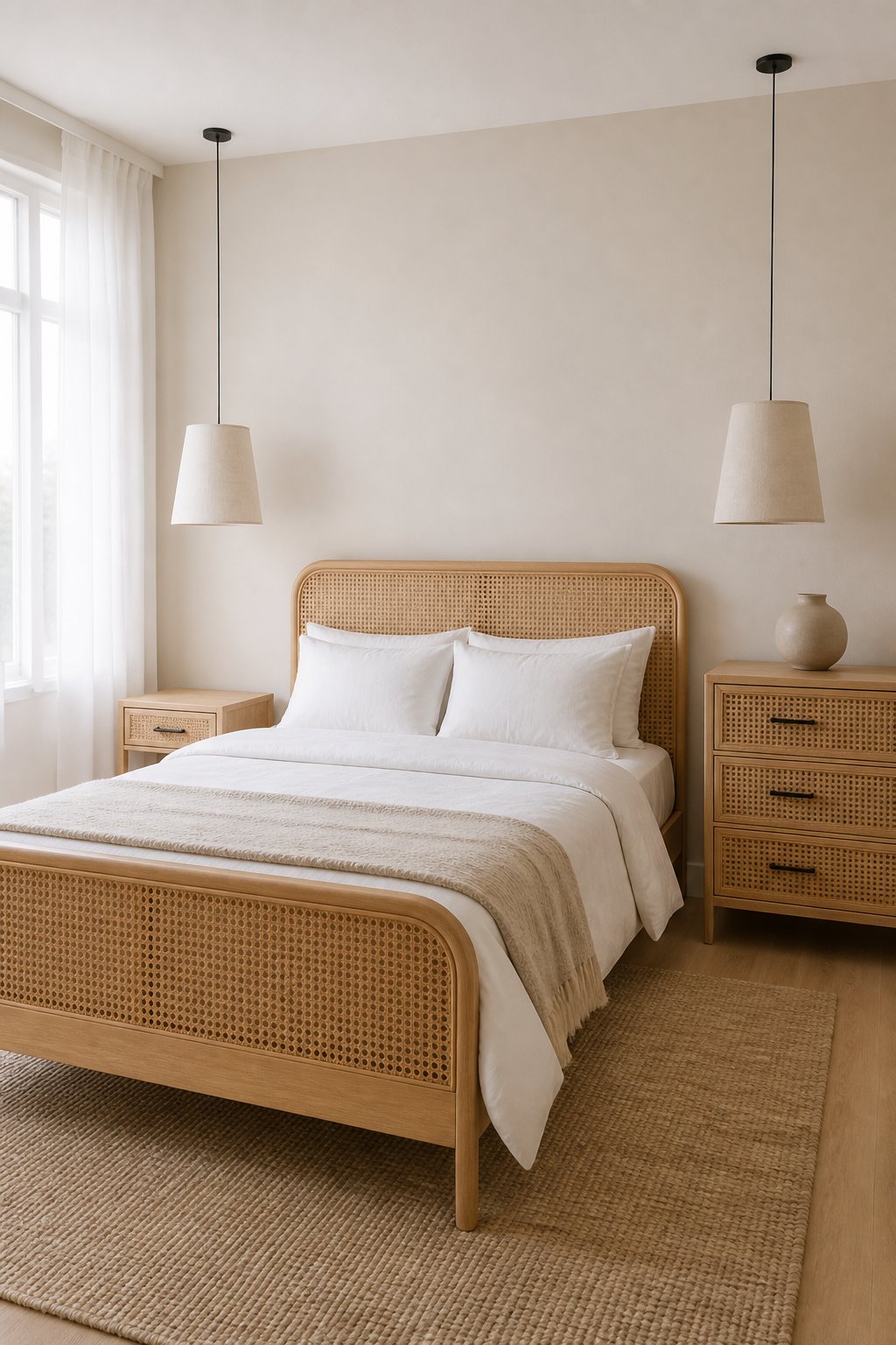 An airy bedroom with a cane bed, pale wood furniture, white bedding, pendant lights, and soft daylight.