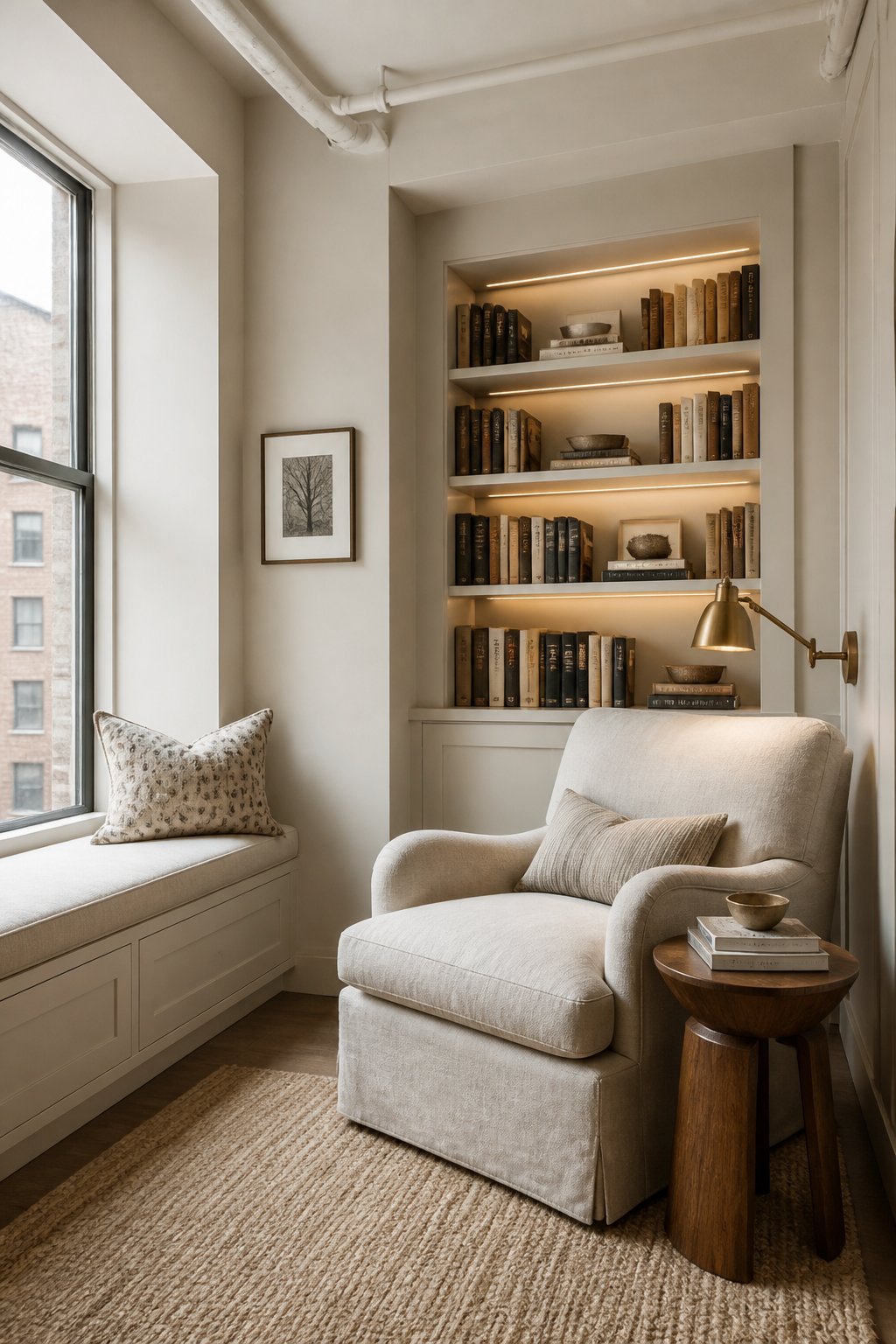 A cozy bedroom reading nook with a chair, books, built-in shelves, and a window seat.