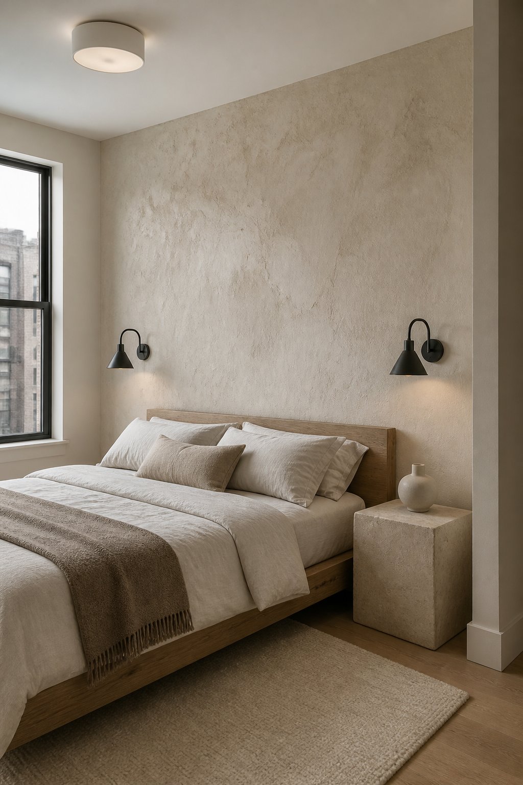 A quiet bedroom with a low oak bed, linen bedding, a plaster accent wall, and a stone bedside table.