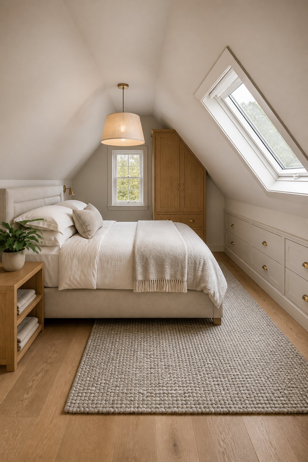 A compact dormer bedroom with a sloped ceiling, upholstered bed, built-in storage, roof window, hanging pendant light, and a small plant.