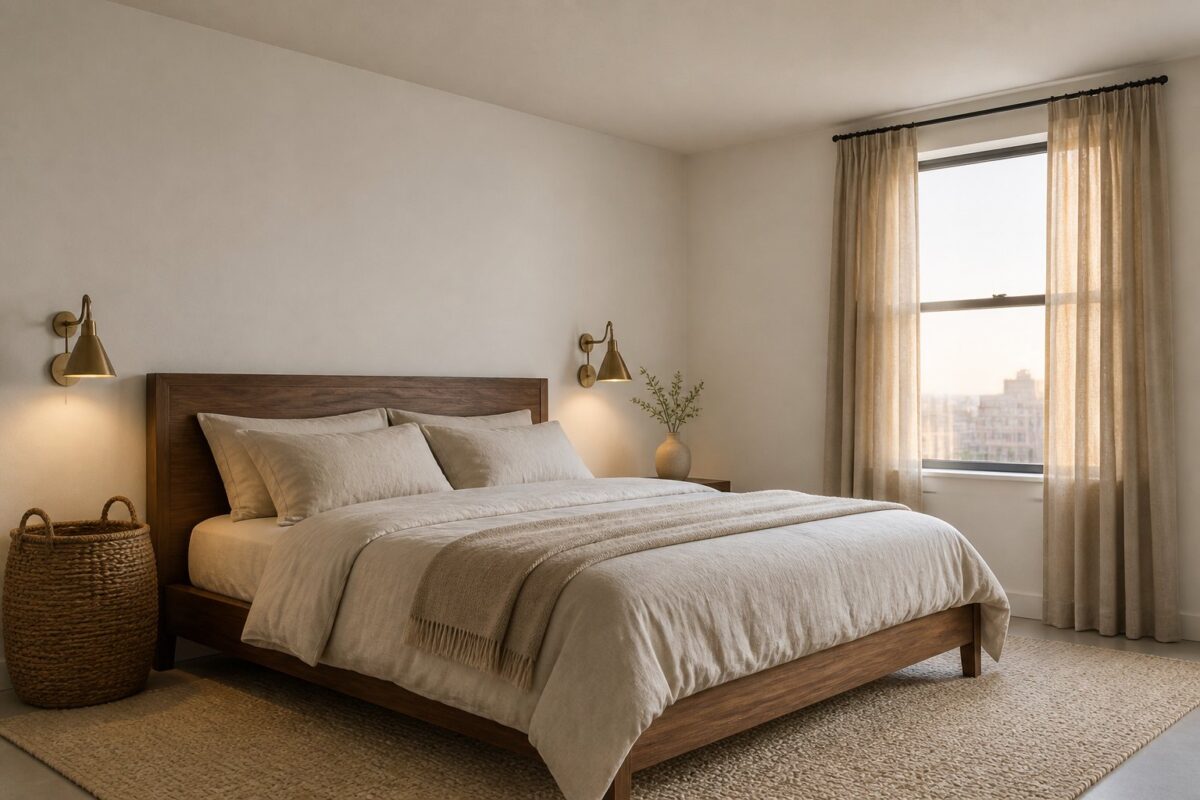 A calm bedroom with a walnut bed, light bedding, brass wall lights, woven baskets, curtains, and a rug.