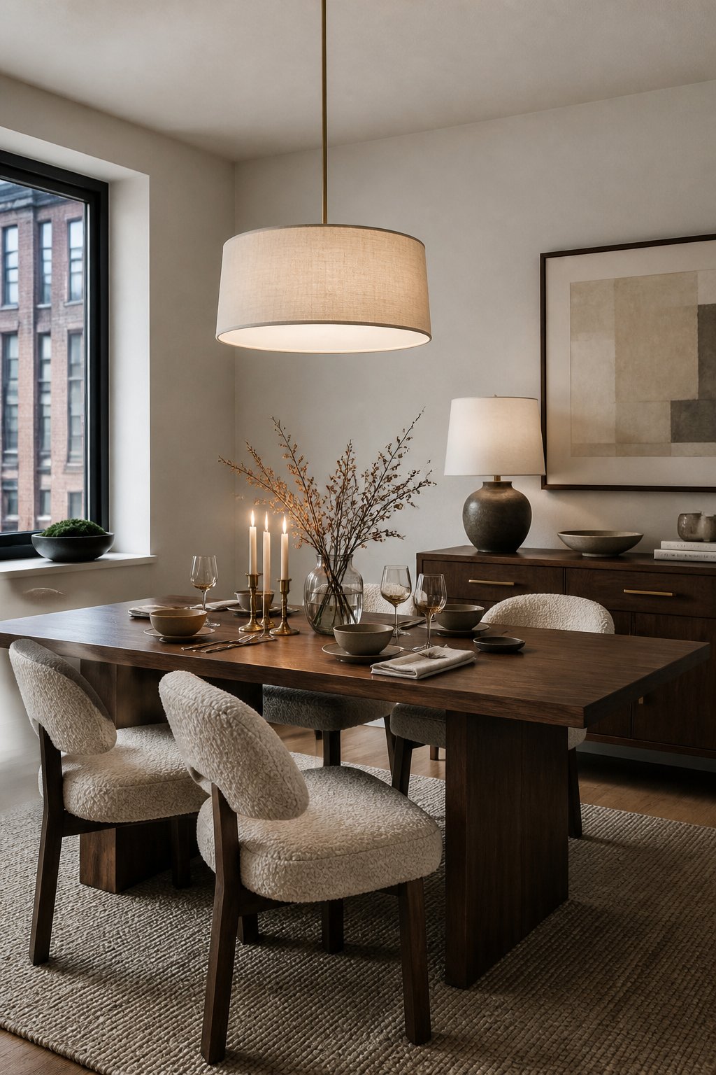 A warmly lit loft dining room with a walnut table, cream chairs, a woven rug, candles, and a hanging pendant light.