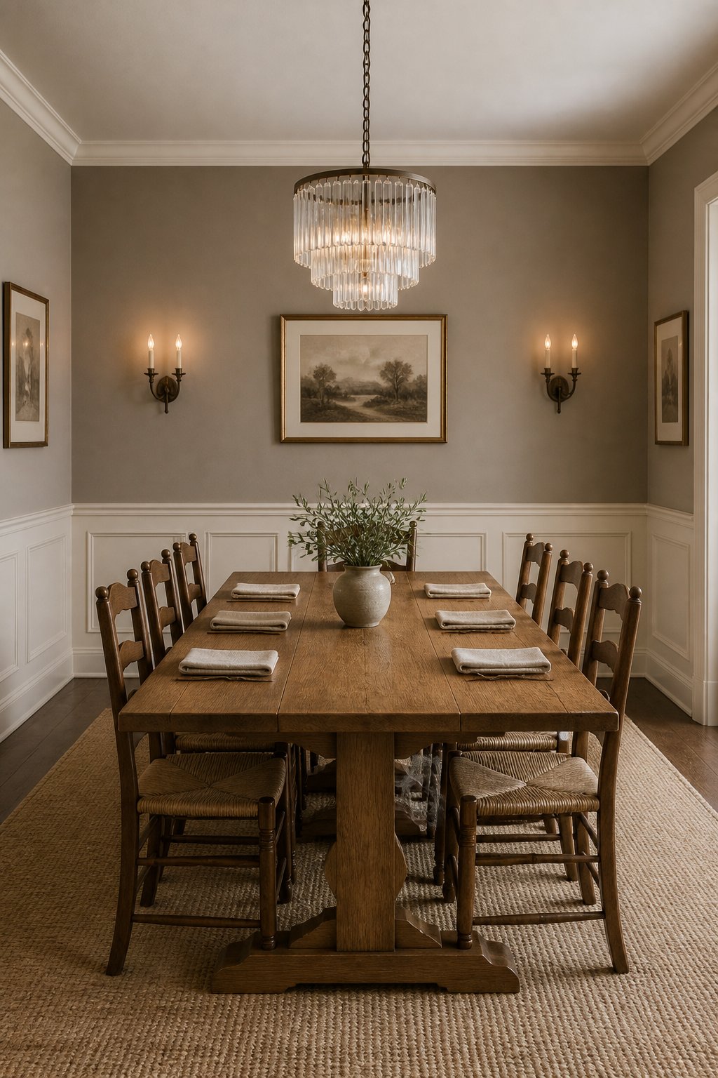 A traditional dining room with a wooden table, woven-seat chairs, wall sconces, a chandelier, framed artwork, and paneled walls.