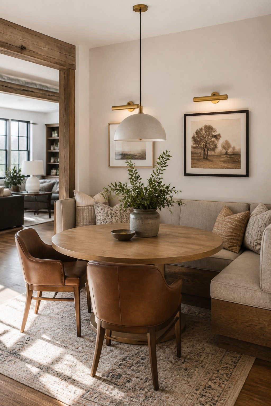 A bright open-plan dining nook with a built-in bench, round wooden table, leather chairs, patterned rug, cushions, wall lights, and a hanging pendant.