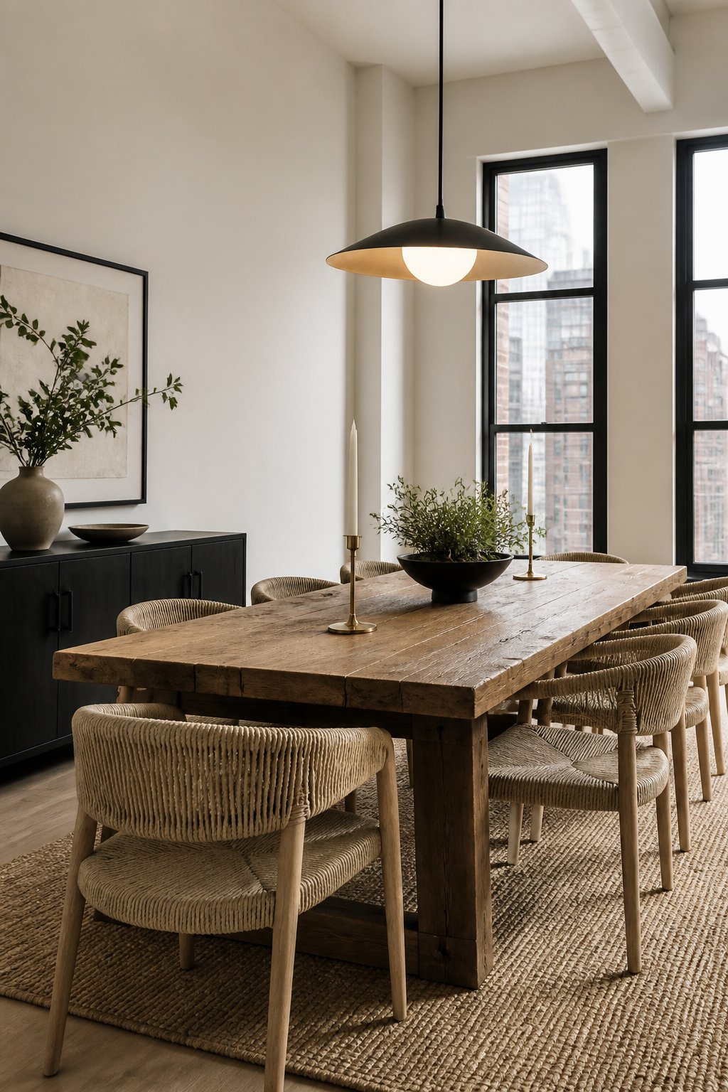 A modern dining room with beige walls, black-trimmed windows, a wooden table, woven chairs, a rug, pendant lighting, and minimal greenery.