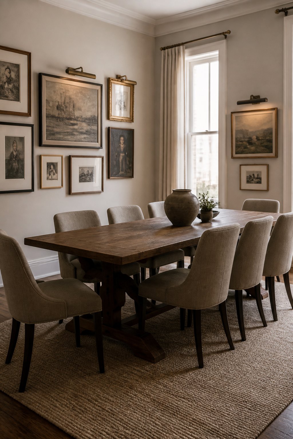 A loft dining room with greige gallery walls, framed artwork, a long dining table, upholstered chairs, a rug, and a ceramic centerpiece.