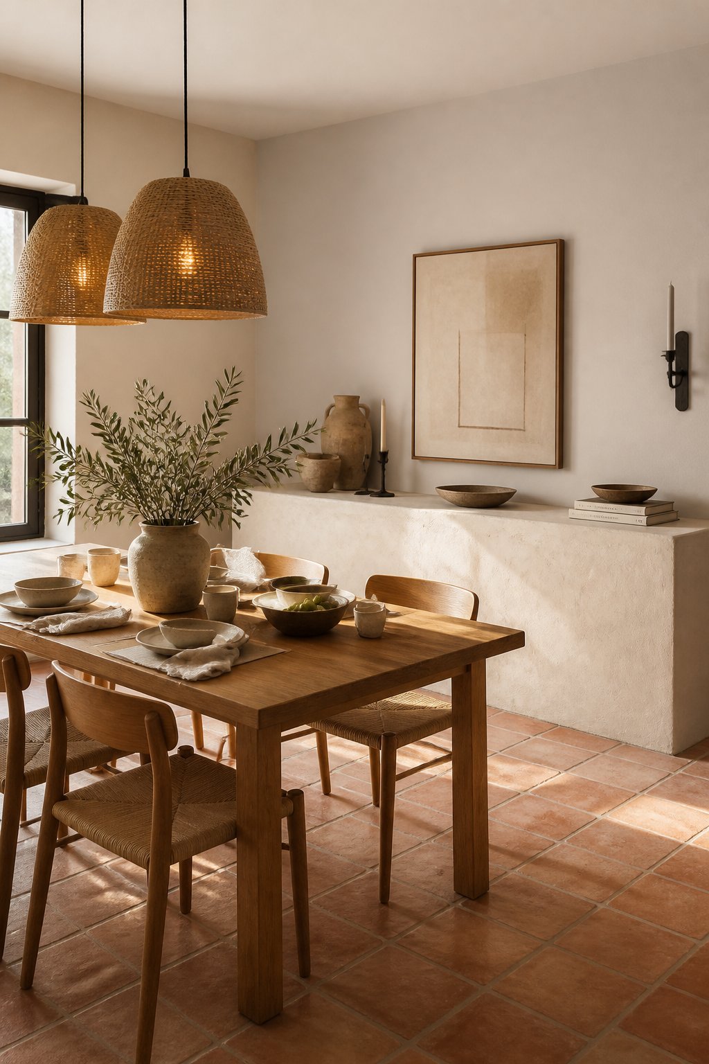 Warm dining room with greige walls, terracotta tile flooring, oak furniture, woven pendant lights, and a table set with ceramics and linen napkins.