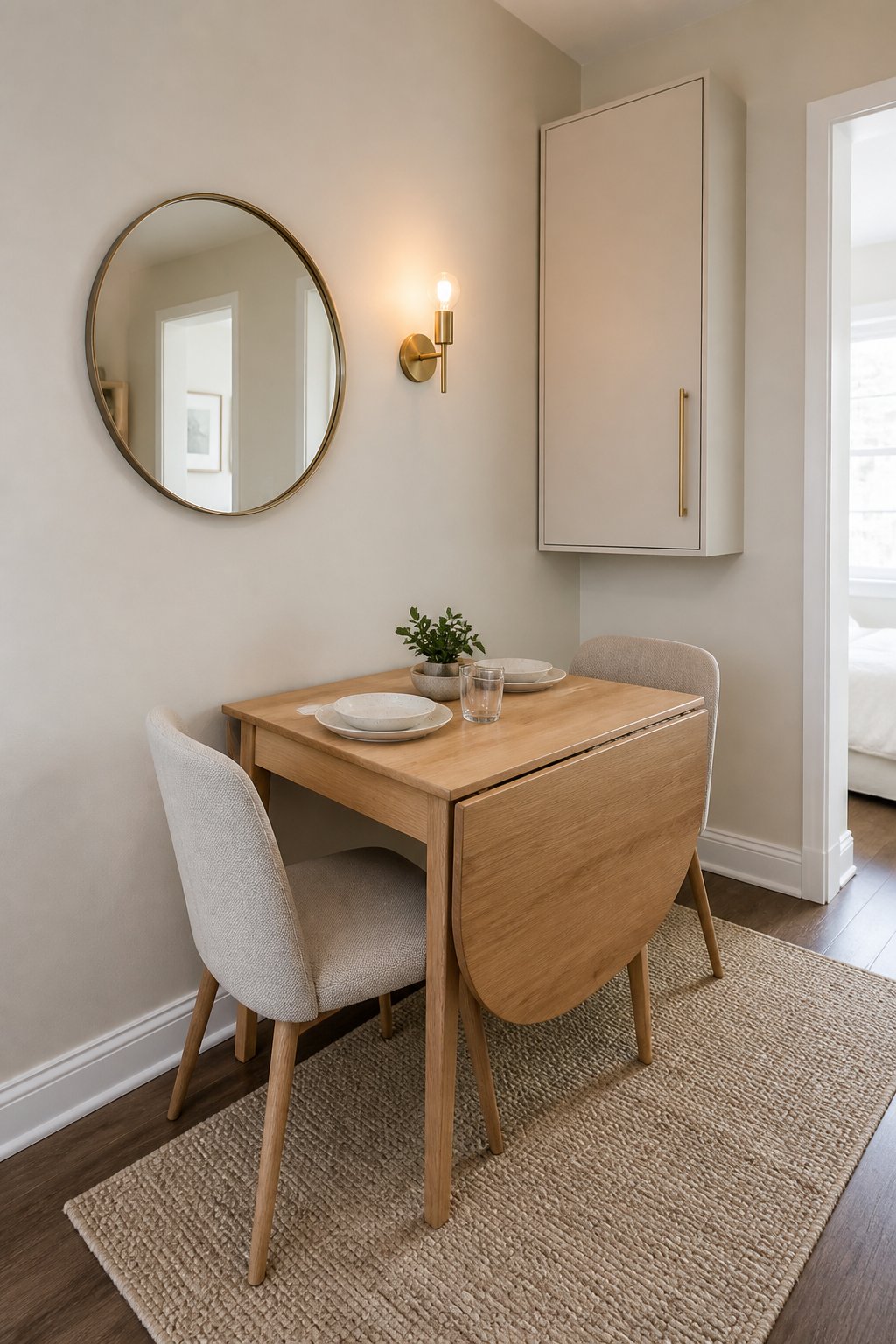 A compact dining room with a drop-leaf wooden table, upholstered chairs, wall storage, a round mirror, and warm lighting.