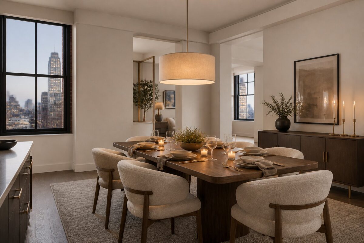 A warm, inviting dining room with a walnut table, cream chairs, soft neutral walls, a pendant light, candles, and simple tableware.