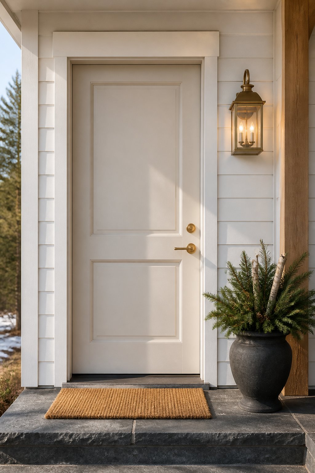 A front door with warm white siding, oak accents, a stone step, brass hardware, a lantern, a coir mat, and an evergreen planter.