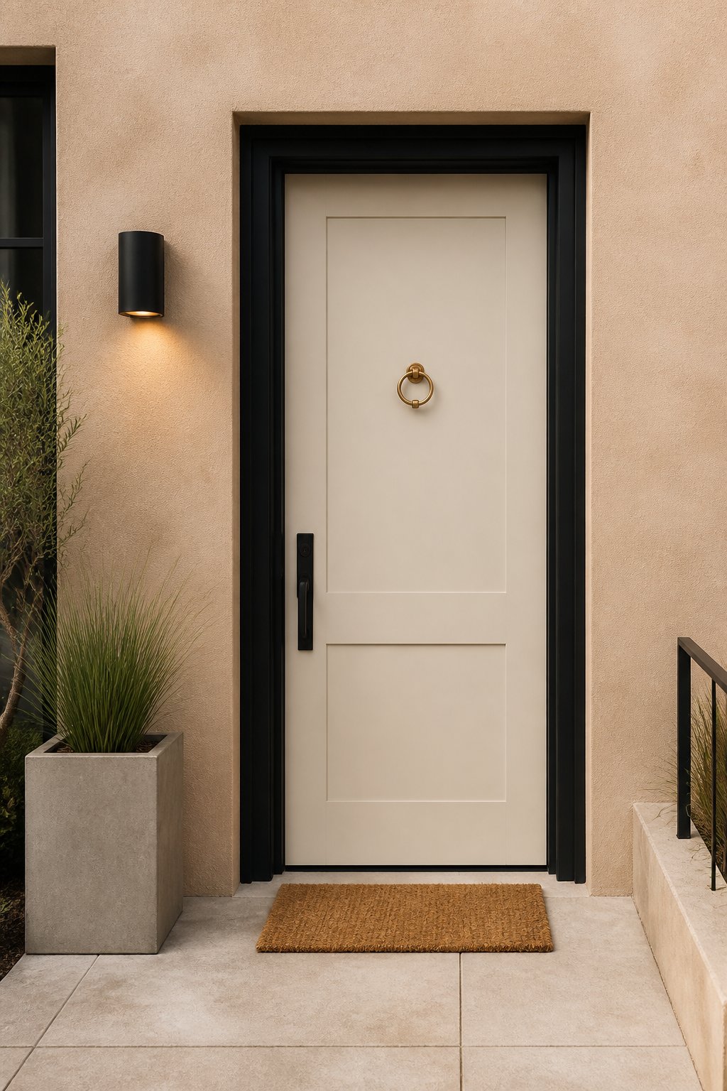 Modern pale gray front door with black trim in a stucco entryway, featuring a planter, doormat, brass knocker, and wall light.