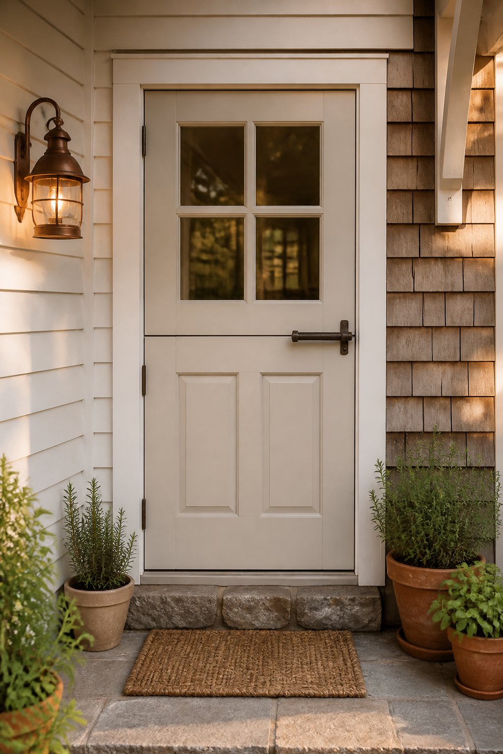 A cottage entrance with a pale gray Dutch door, white siding, cedar shingles, a stone step, and potted herbs.
