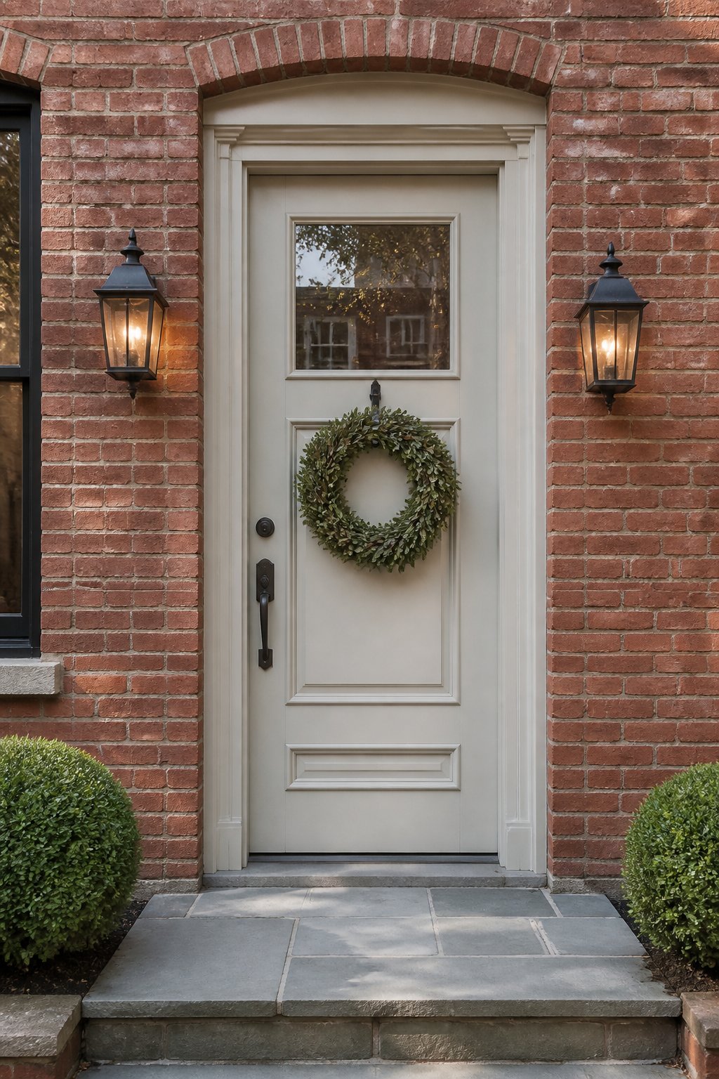 A pale greige paneled front door set in a red brick facade, with black lanterns, a stone landing, boxwood shrubs, and a wreath.