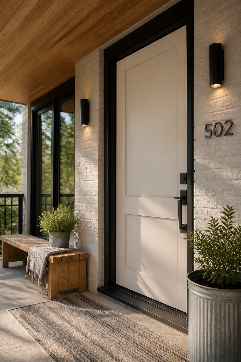 A city loft porch entry with a light greige front door, wood ceiling, oak bench, black wall lights, striped runner, metal planters, and greenery.