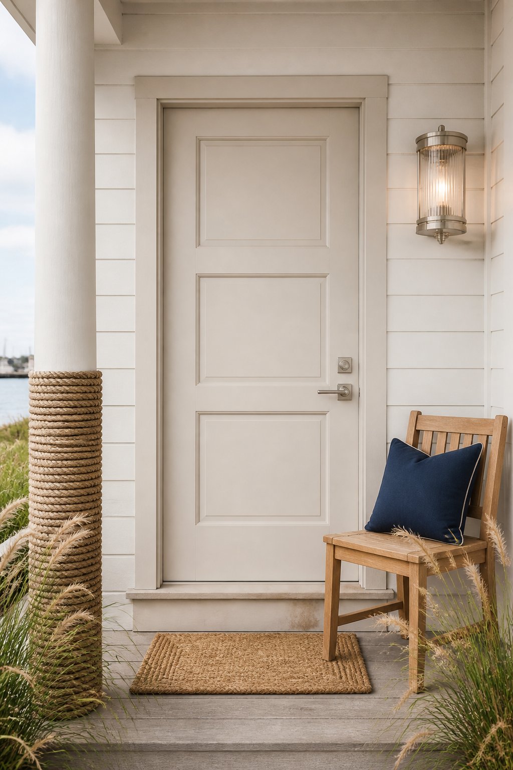 A coastal home entry with a light greige paneled door, pale siding, a teak chair, navy cushion, lantern, doormat, and ornamental grasses.