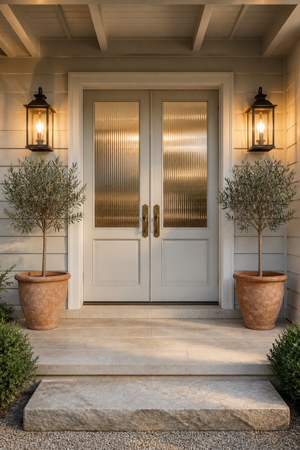 A broad residential porch with pale greige double doors, lanterns, terracotta pots, and symmetrical olive trees.