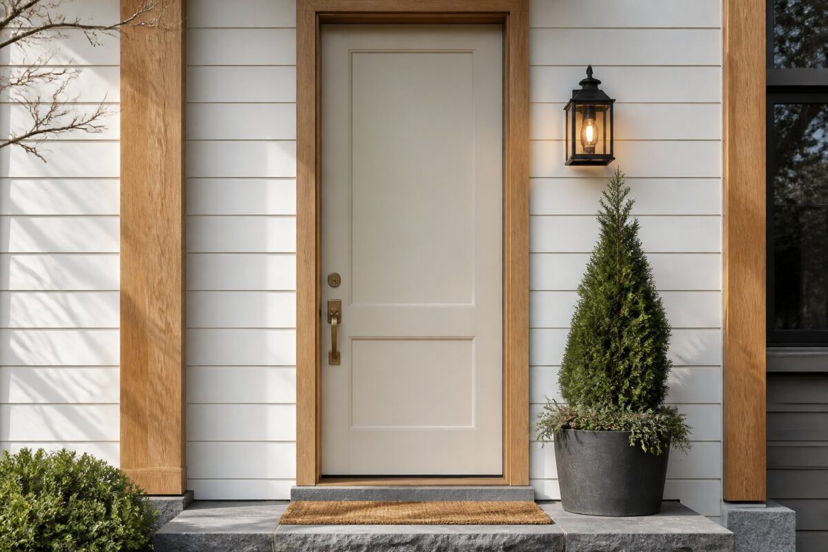 A city loft entryway with a light greige front door, white siding, oak accents, a stone step, brass hardware, a lantern, a doormat, and an evergreen planter.