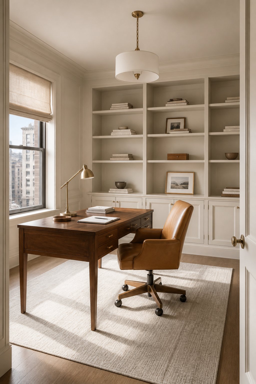 A warm greige home office with a walnut desk, leather chair, shelves, window shade, rug, and brass lighting.