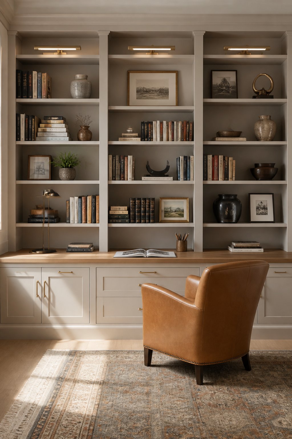 A home office with a full wall of bookshelves, a wooden desk, colorful books, decor, and a leather chair.
