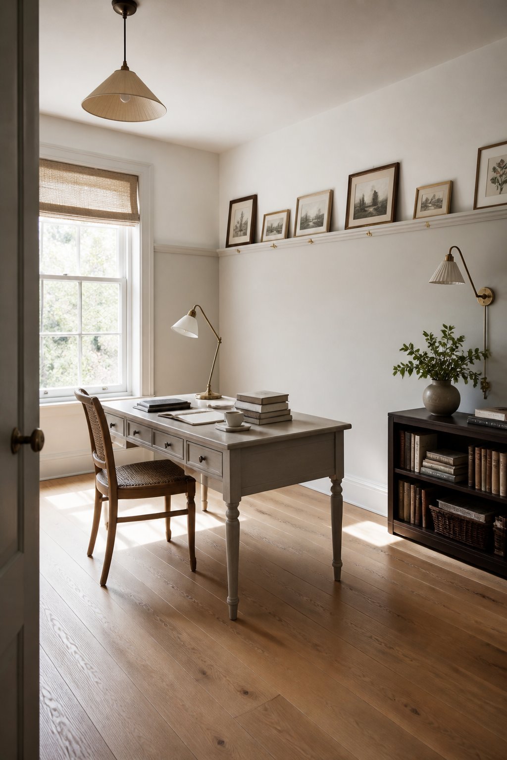 A traditional home office with greige lower walls, framed artwork on a picture rail, a desk, woven chair, oak floor, and soft daylight from a tall window.
