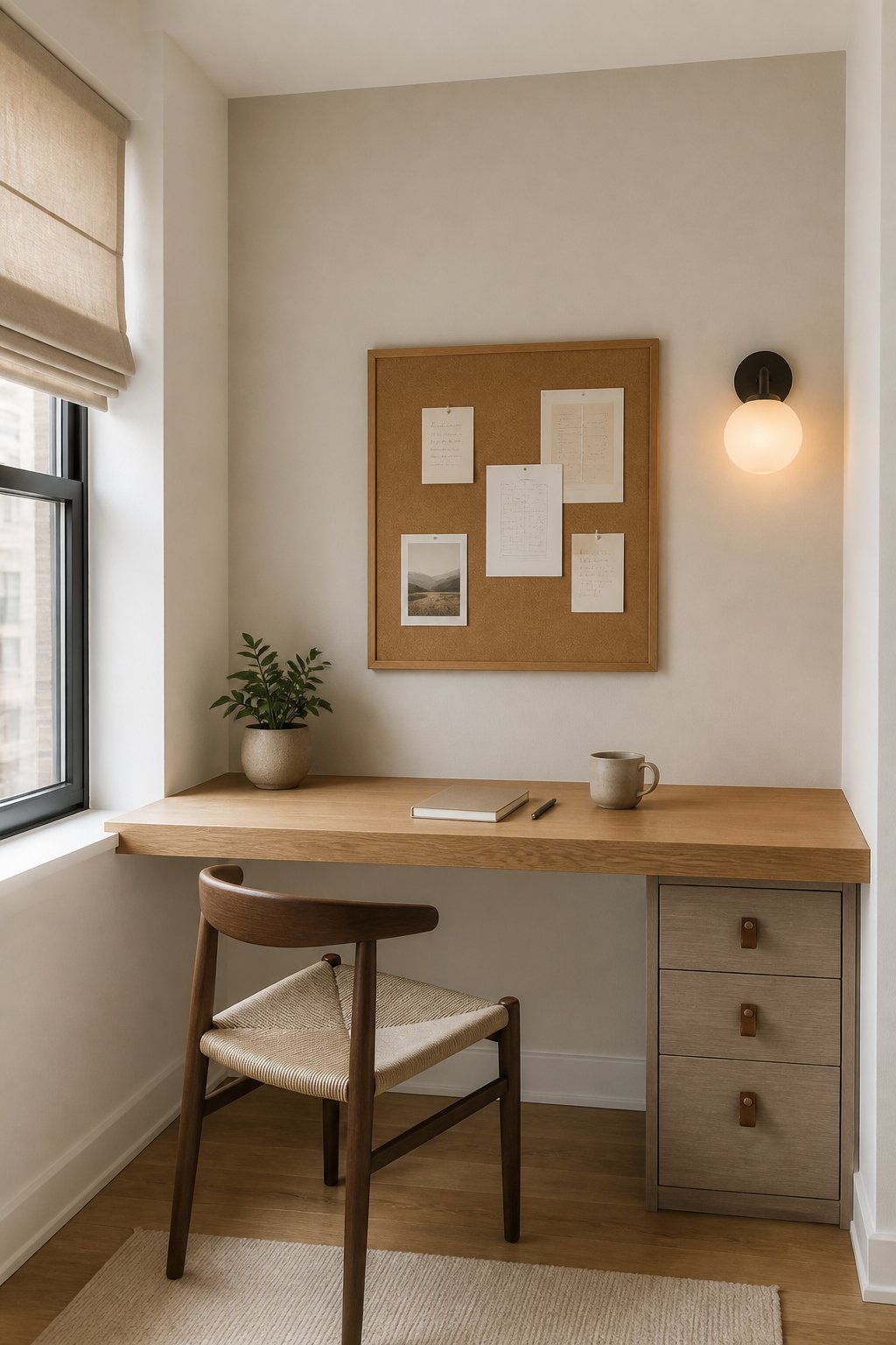 A light-filled home office alcove with a floating oak desk, drawer unit, pinboard, linen window shade, and wall sconce.