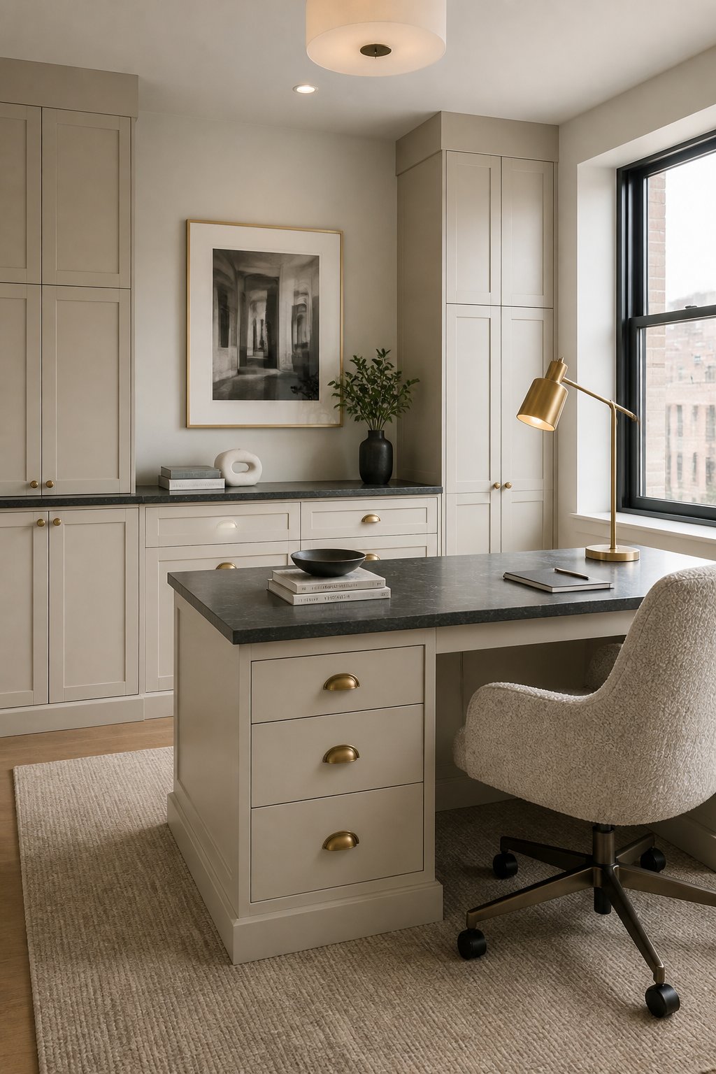 A modern home office with warm greige cabinets, a stone-topped desk, a boucle chair, brass hardware, and a task lamp.