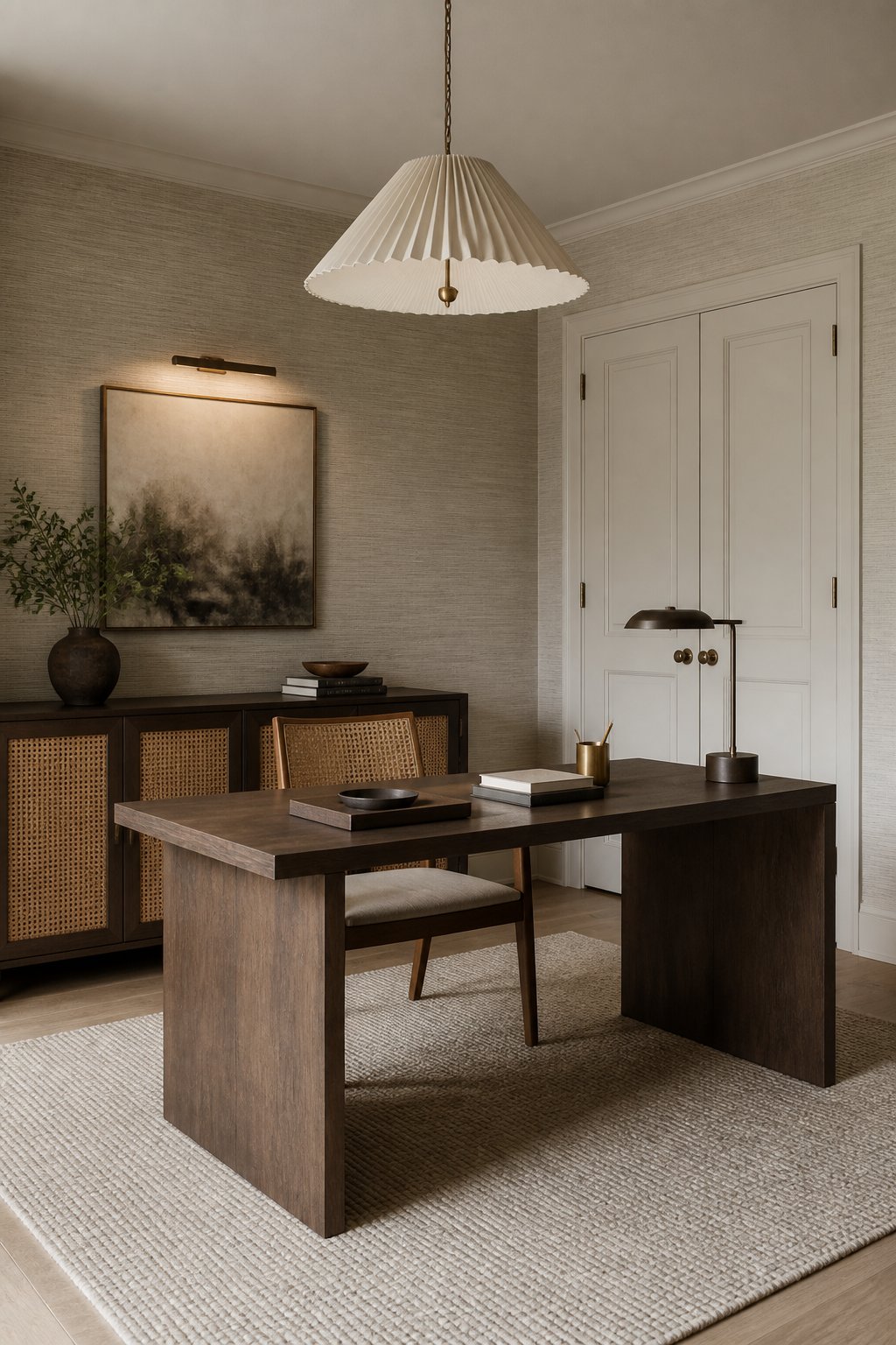 A warm neutral home office with textured walls, a wood desk, a cane chair, a rug, and layered lighting.
