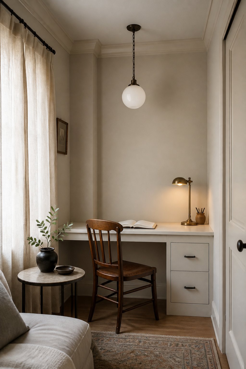 A compact writing room with warm greige walls, a built-in desk, vintage wooden chair, open notebook, lamps, curtains, and a small side table.