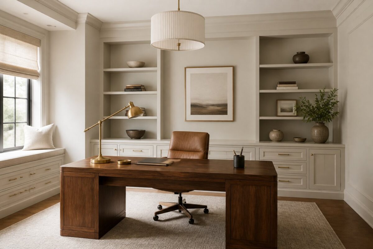A warm neutral home office with a walnut desk, leather chair, built-in shelves, a window shade, and soft morning light.