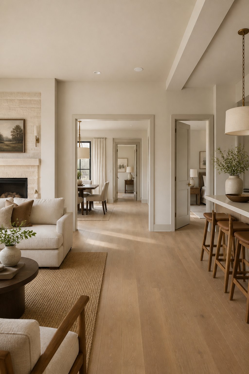 A connected city loft interior with warm greige walls, oak floors, neutral furnishings, and soft daylight.