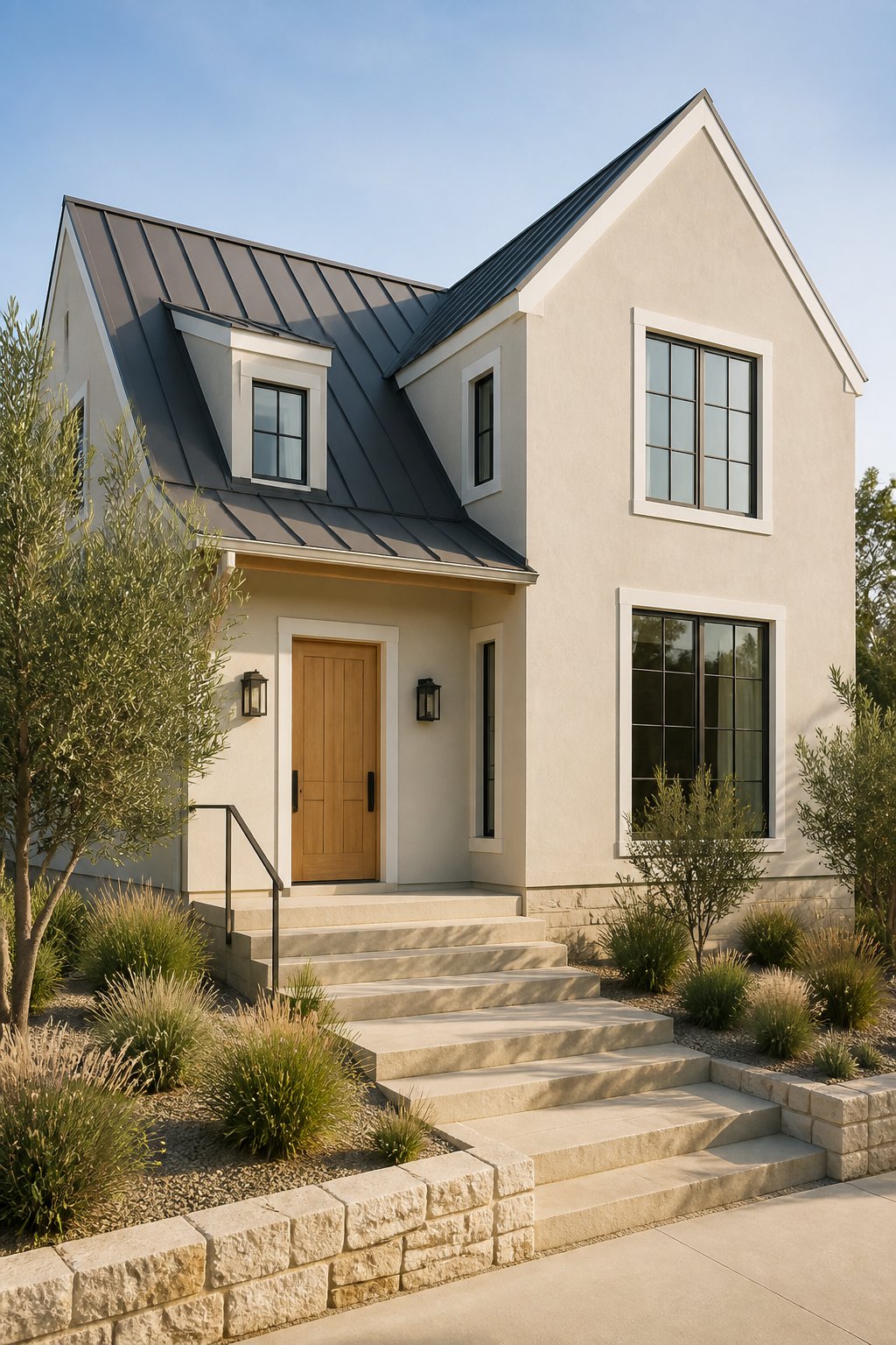 Front exterior of a modern farmhouse with a light greige facade, white trim, dark metal roof, oak door, stone steps, and landscaped shrubs and grasses.
