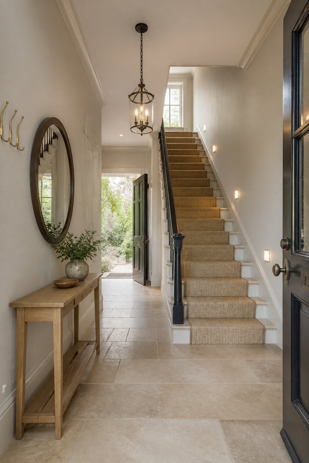 A bright entry hall with a staircase, pale walls, stone flooring, a wood console, mirror, hooks, and warm lighting.