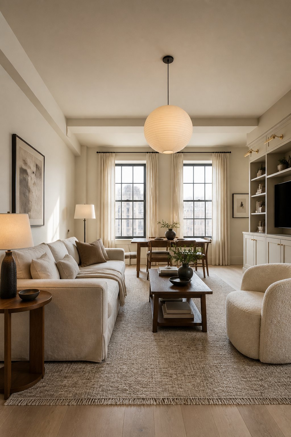 A warmly lit living room with a linen sofa, armchair, rug, tables, built-in cabinets, and lamps.
