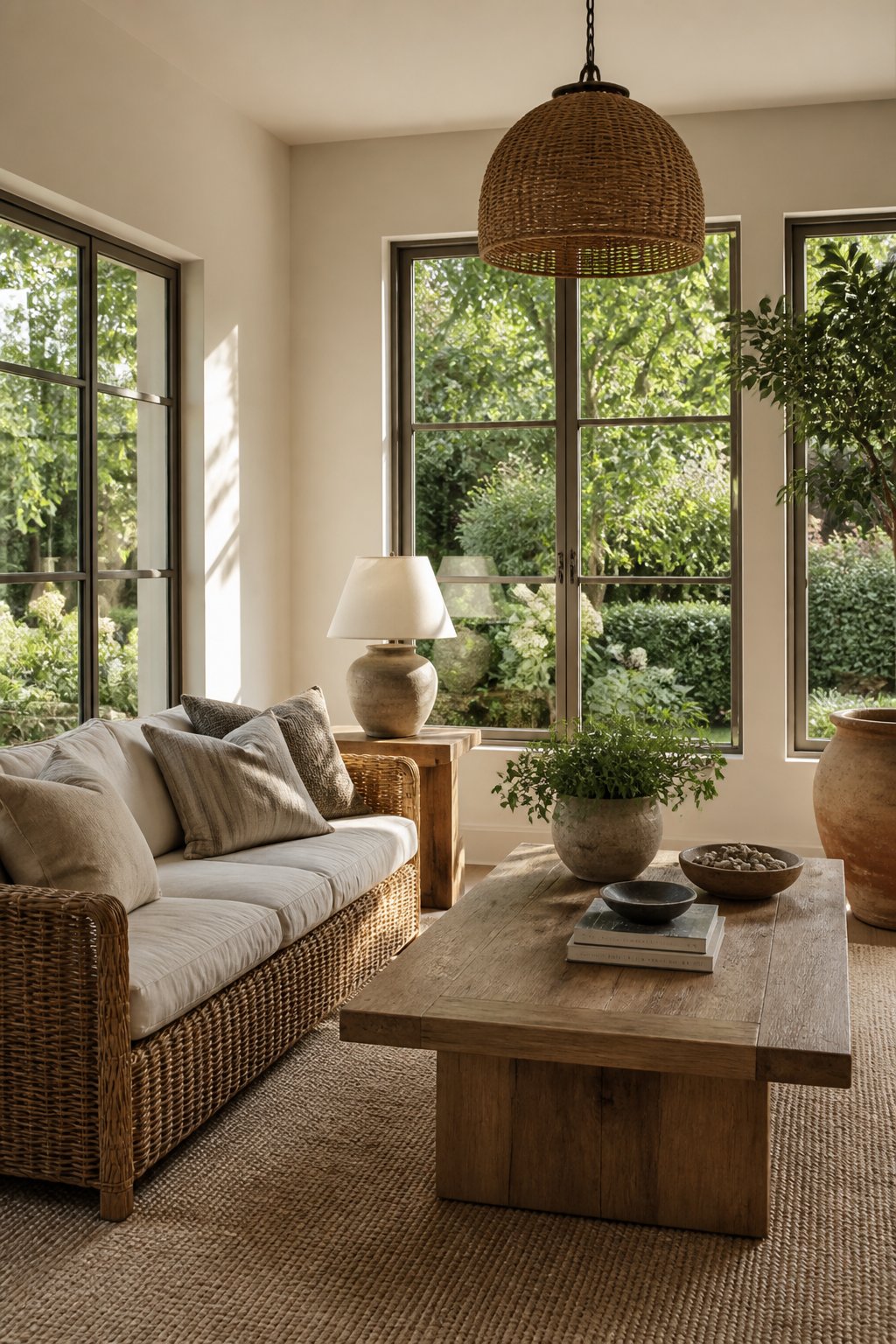 A bright sunroom with a rattan sofa and coffee table overlooks a lush garden through large windows.
