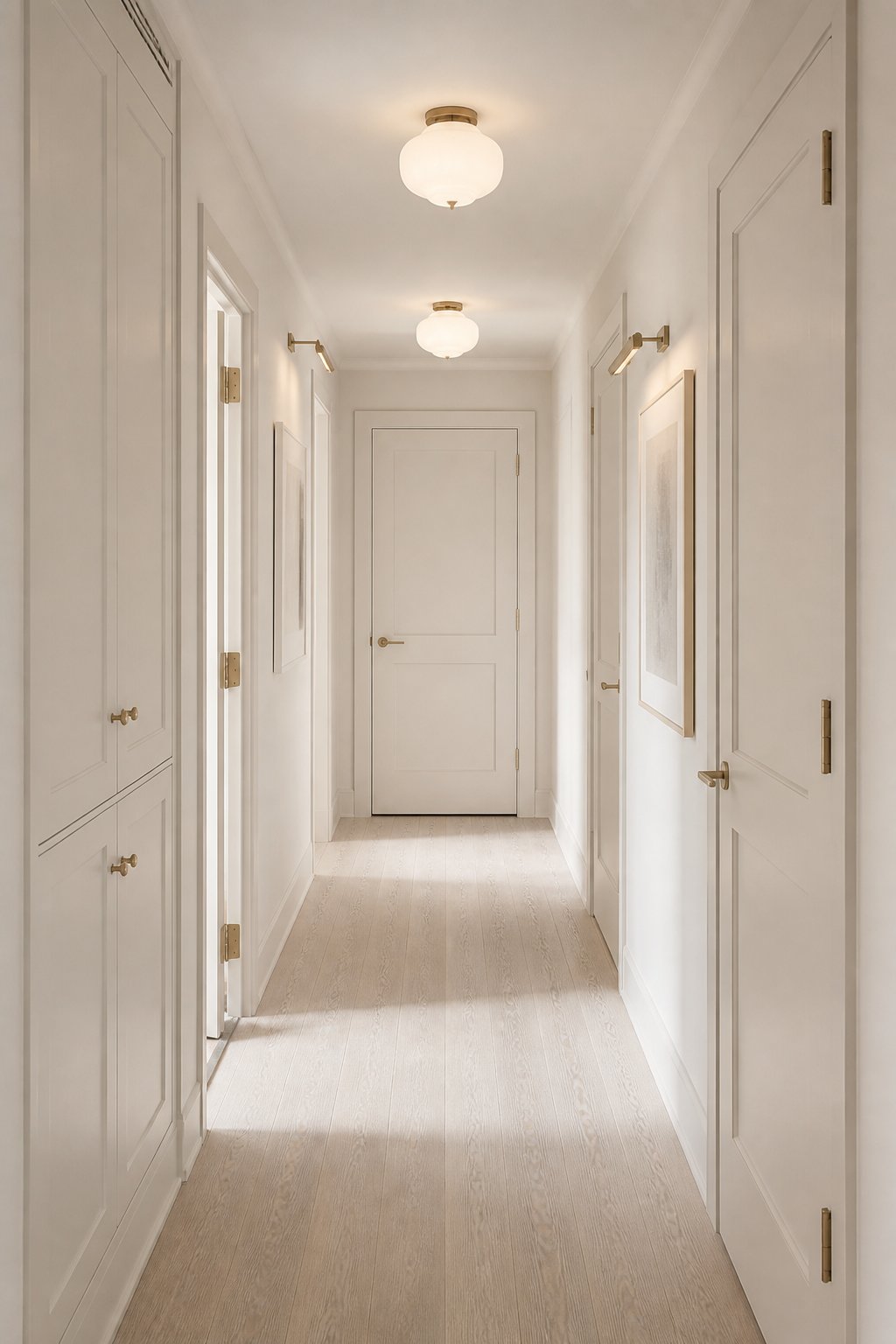 A bright hallway with warm greige doors and trim, painted wood floors, brass hardware, and ceiling and wall lights.