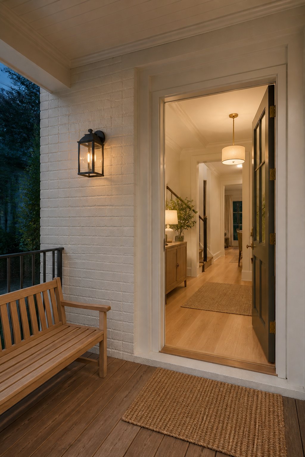 A warm greige home entry showing a porch, front door, and illuminated foyer with a bench, doormat, lanterns, and railing.