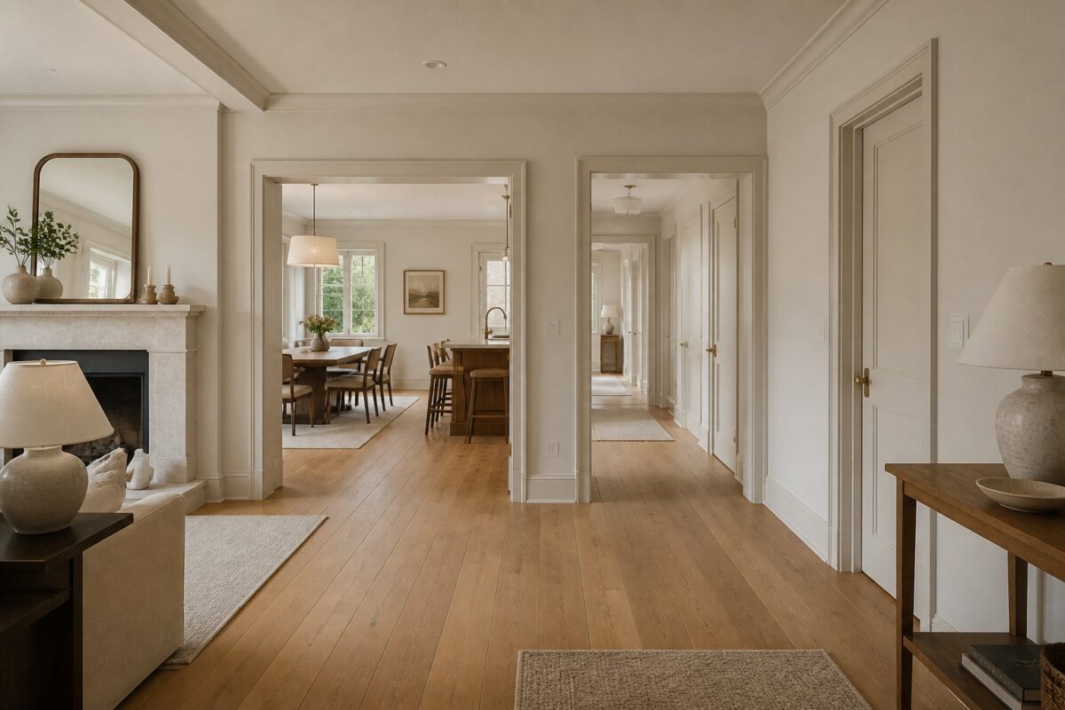 A connected city loft interior with warm greige walls, oak floors, natural daylight, and softly lit living spaces.