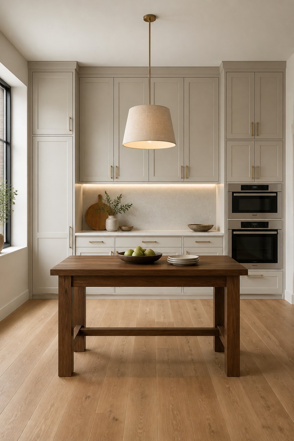 A bright kitchen with a full wall of warm greige cabinets, a wooden table, stone backsplash, oak floor, and pendant lighting.