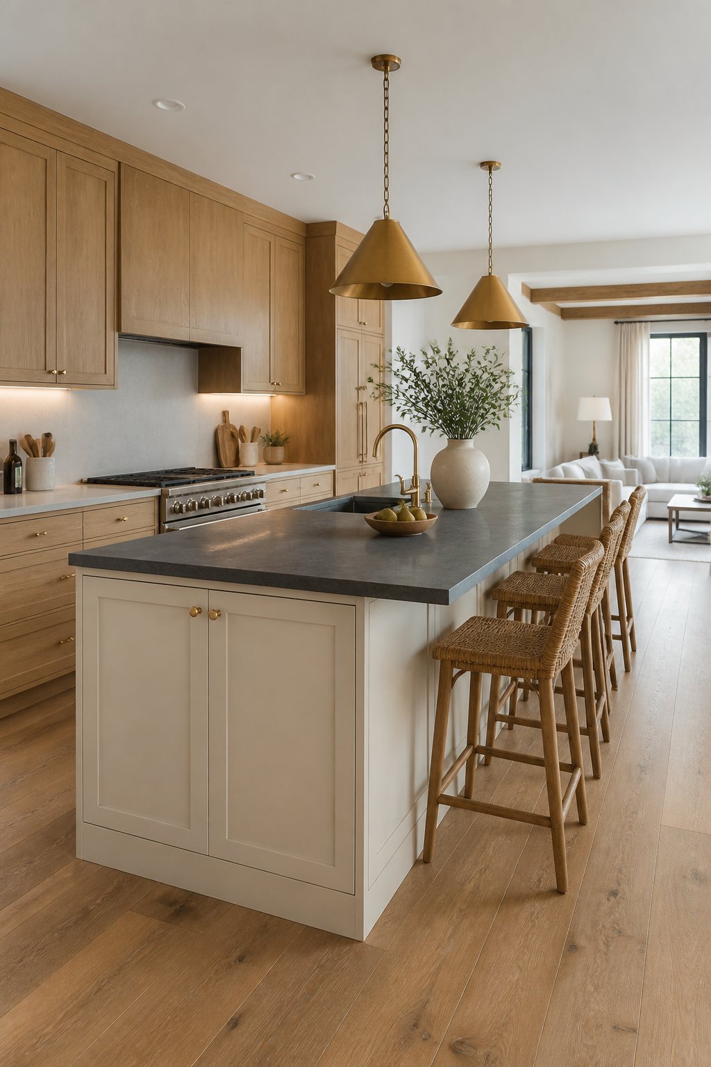 An open-plan kitchen with a warm greige island, natural oak cabinets, a dark stone countertop, rattan stools, wood flooring, and pendant lights.