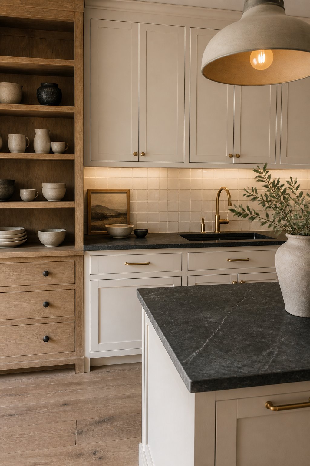 A bright city loft kitchen with light greige Shaker cabinets, dark countertops, tiled backsplash, brass hardware, oak shelving, and warm lighting.
