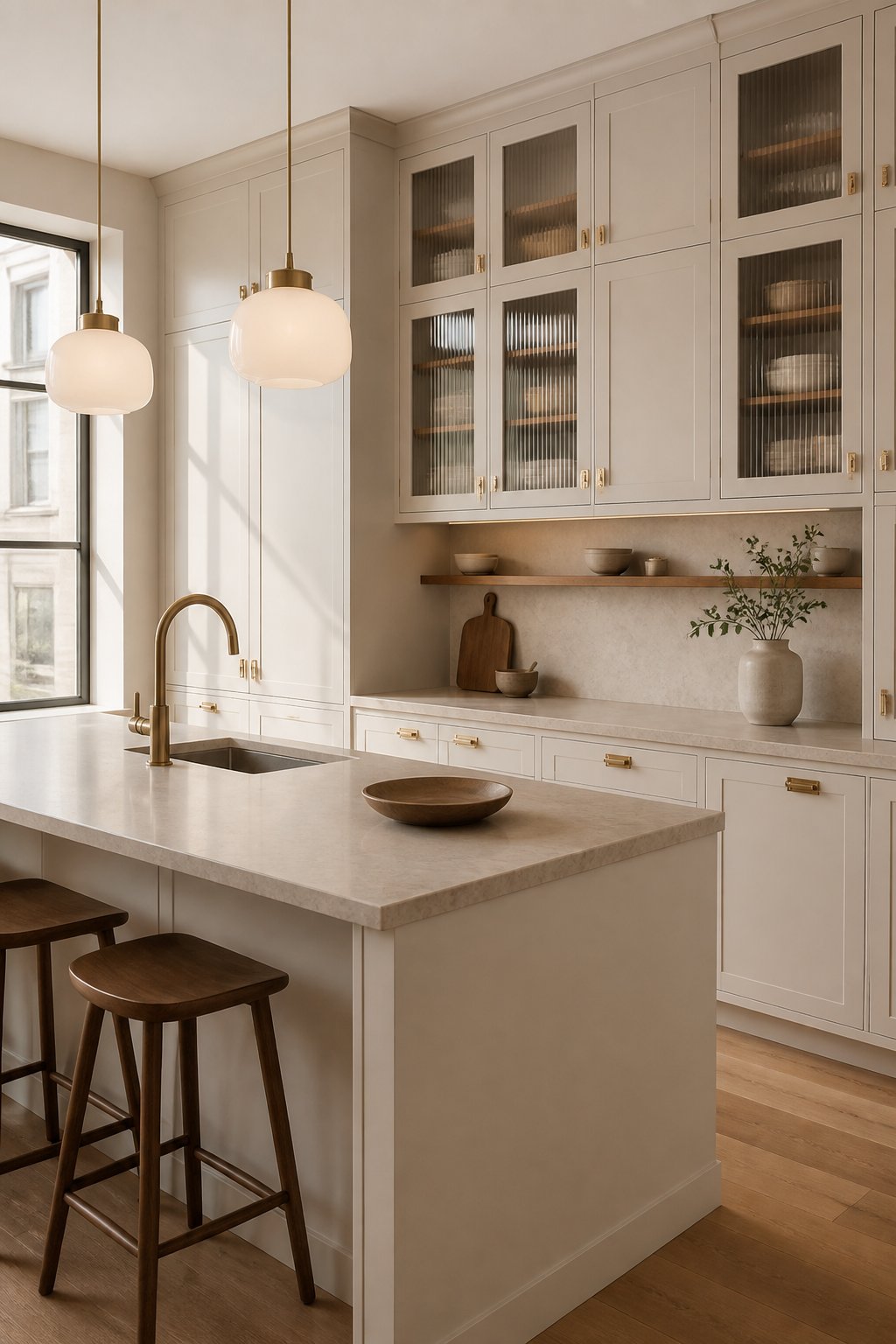 A bright kitchen with warm greige cabinets, glass-front cupboards, stone counters, a wooden shelf, and two pendant lights.