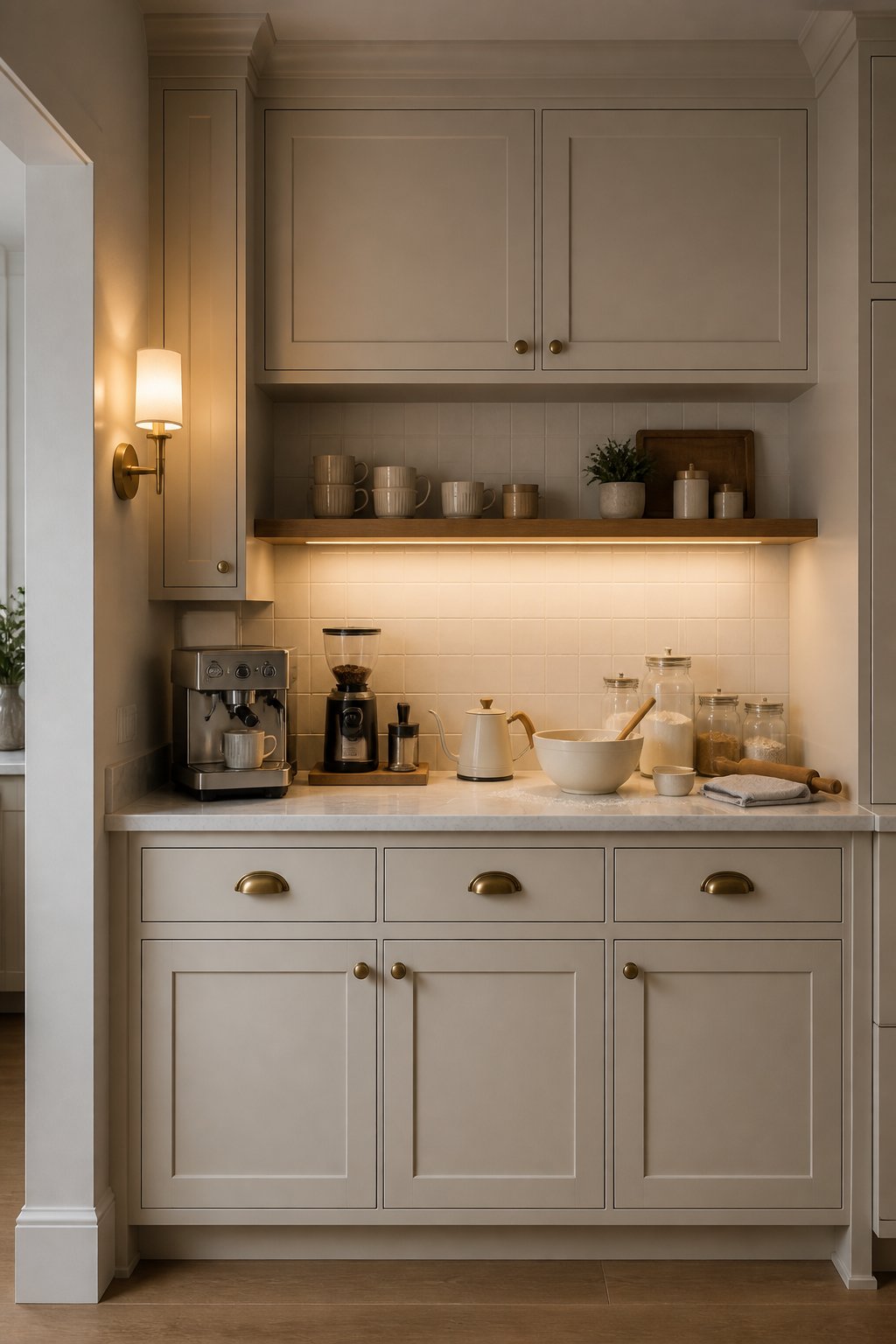 A kitchen nook with warm greige cabinets, a marble counter, coffee equipment, shelves, and soft lighting.