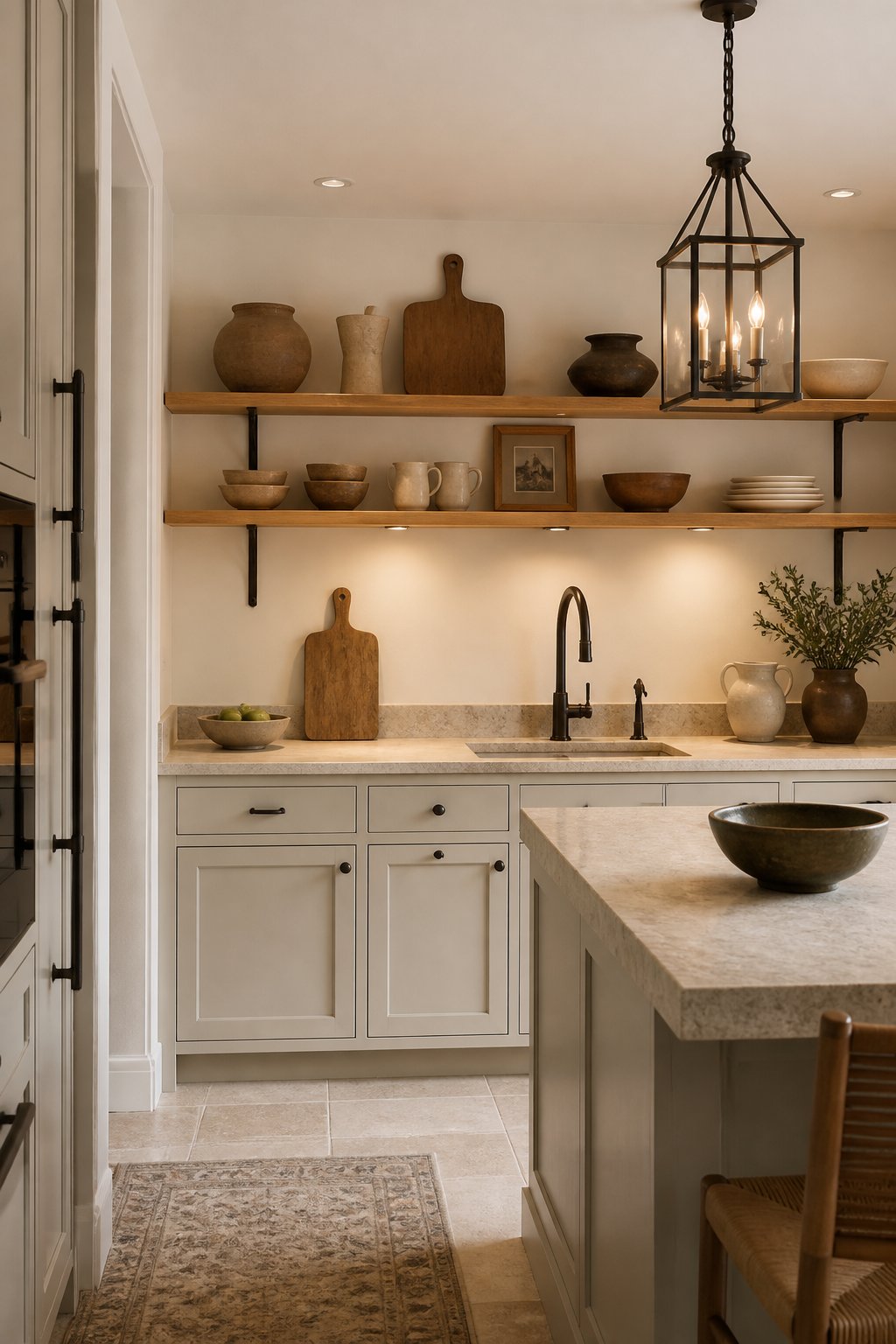 An airy kitchen with warm greige base cabinets, open oak shelves, a limestone countertop, ceramics, wood boards, and bronze fixtures.
