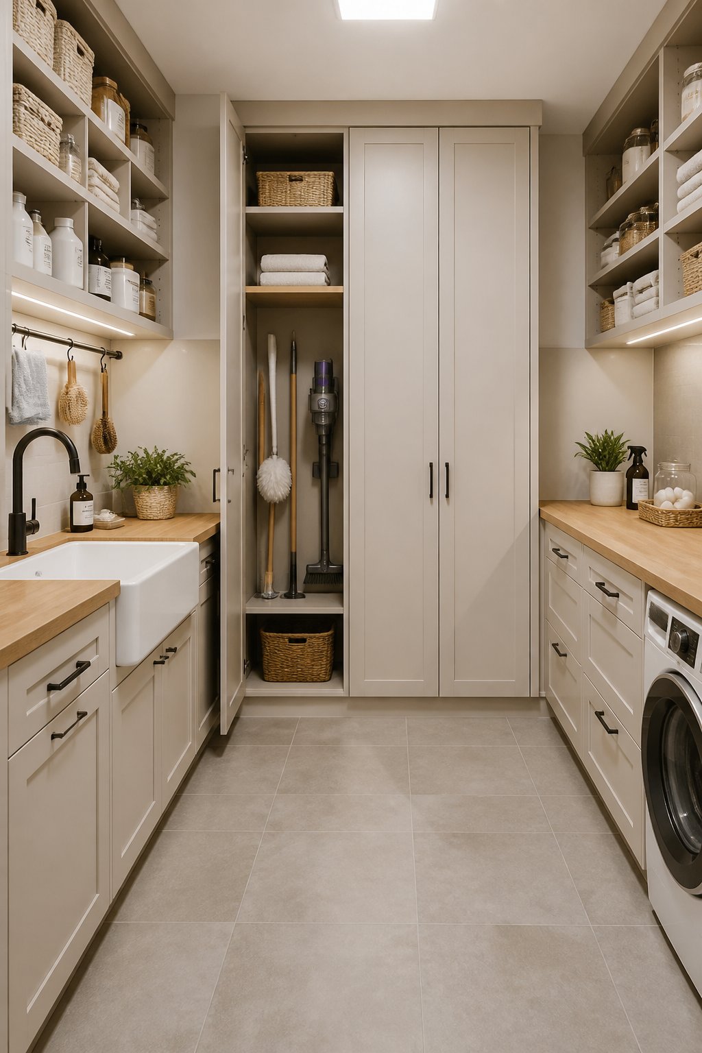 A bright city loft pantry and utility room with greige cabinets, wood counters, organized shelves, a deep sink, and tiled flooring.