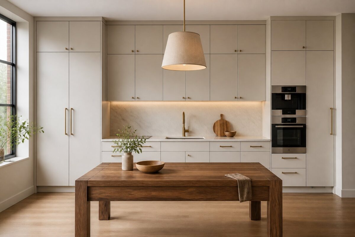 A bright kitchen with a full wall of tall light-colored cabinets, a wooden table, stone backsplash, and pendant lighting.