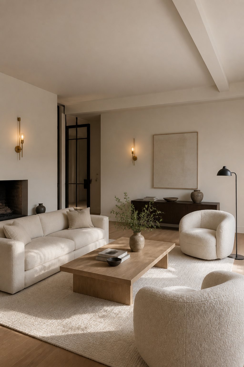 A beige city loft living room with a cream sofa, boucle chairs, a pale rug, a wood coffee table, wall sconces, and a floor lamp.